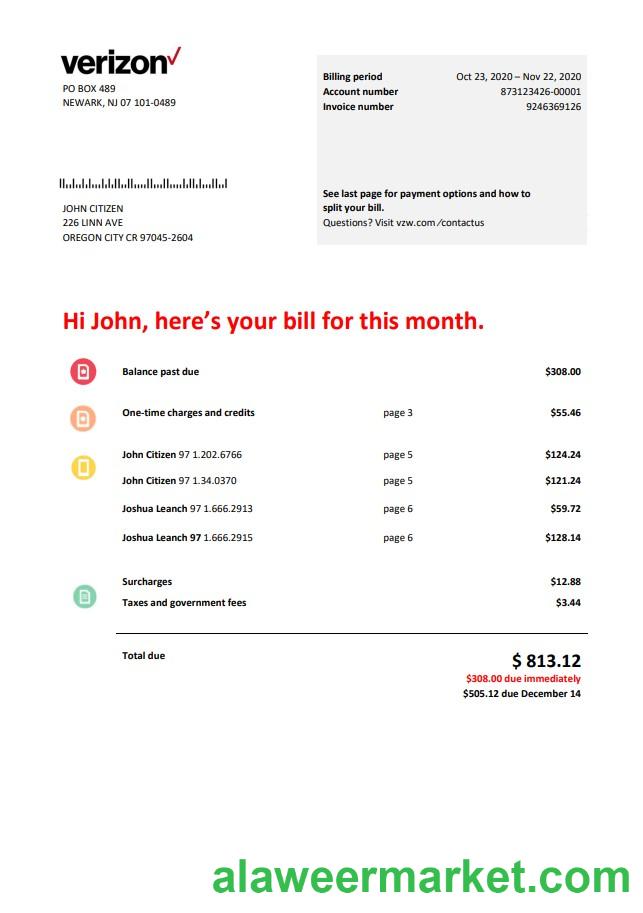 USA Verizon telecommunications utility bill template in Word and PDF format